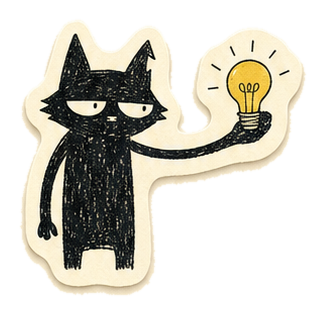Hand-drawn black cat with a bright idea