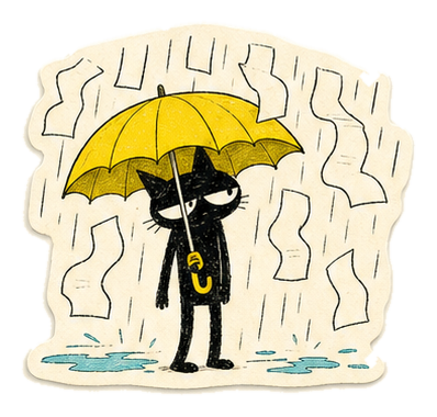 Hand-drawn black cat holding an umbrella